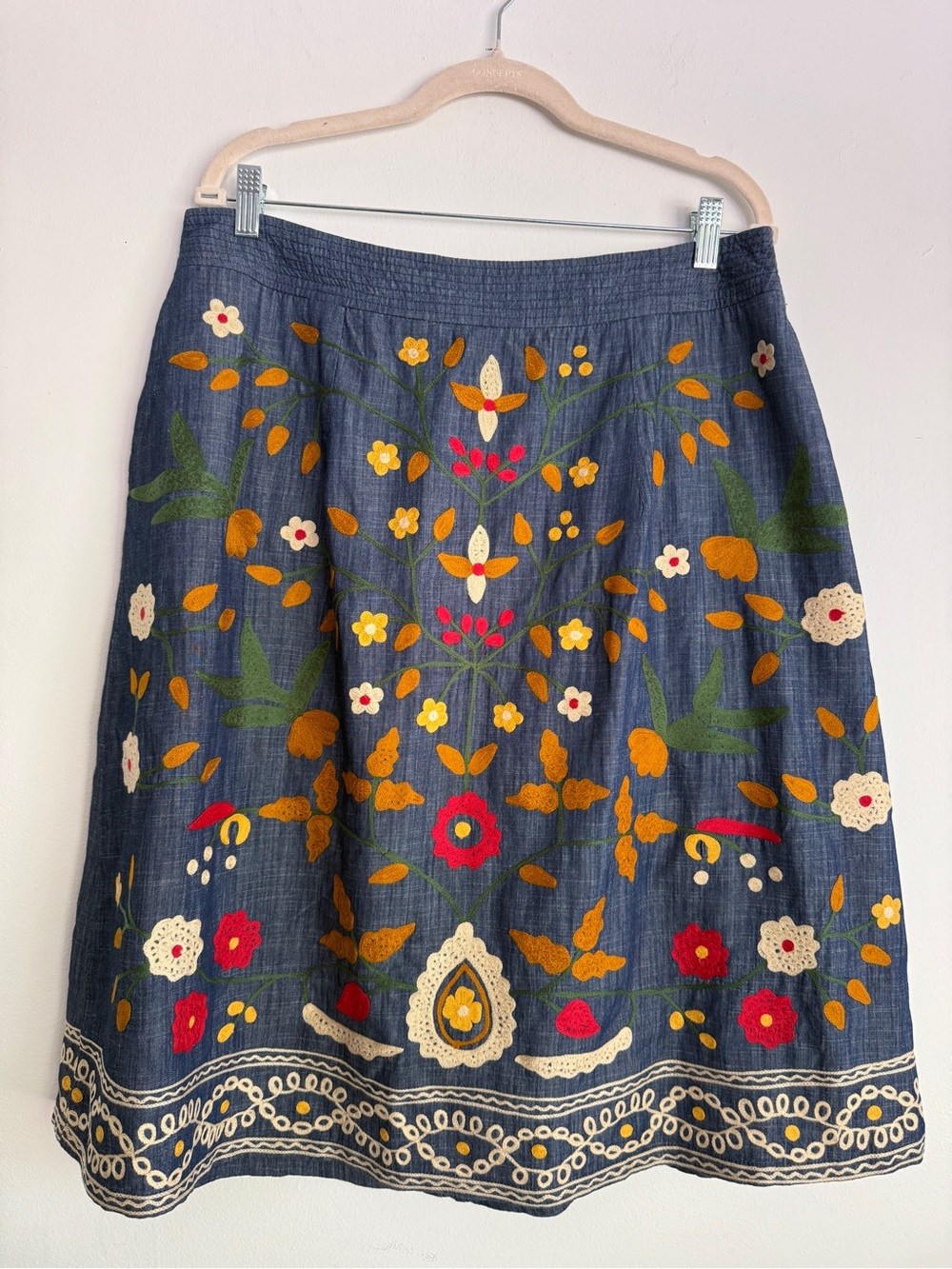 eShakti Wayward Fancies Chambray Skirt 1 X  34" Waist Boho Floral Embroidered